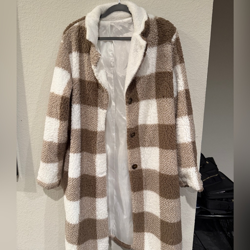 SHEIN Brown and White Plaid Teddy Jacket